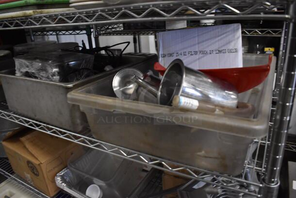 ALL ONE MONEY! Metro Lot of Various Items Including Metal Chafing Dish Frames, Ceramic Dishes, Metal Baking Pans, Koala Diaper Changing Station and Slicer. Does Not Include Shelving Unit - Image 3 of 12