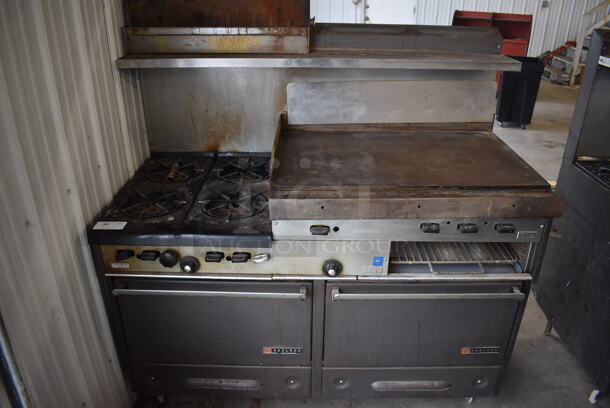 Garland Metal Commercial Natural Gas Powered 4 Burner Range w/ Flat Top Griddle, 2 Ovens, Over Shelf and Back Splash. 64x32x60