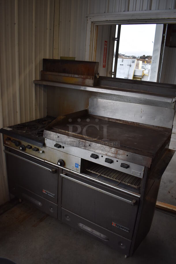 Garland Metal Commercial Natural Gas Powered 4 Burner Range w/ Flat Top Griddle, 2 Ovens, Over Shelf and Back Splash. 64x32x60 - Image 2 of 9