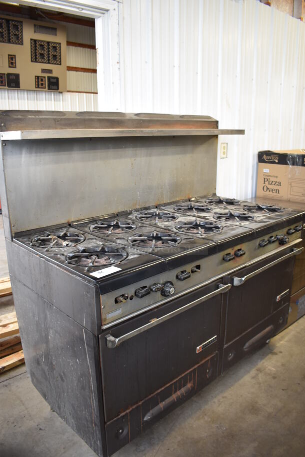 Garland Metal Commercial Natural Gas Powered 10 Burner Range w/ 2 Ovens, Over Shelf and Back Splash. 60x32x61