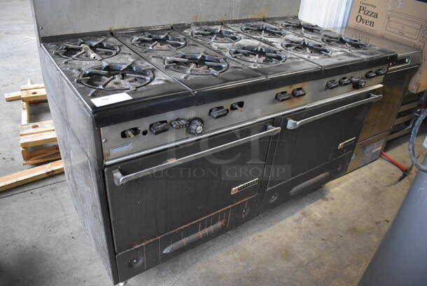 Garland Metal Commercial Natural Gas Powered 10 Burner Range w/ 2 Ovens, Over Shelf and Back Splash. 60x32x61 - Image 2 of 8