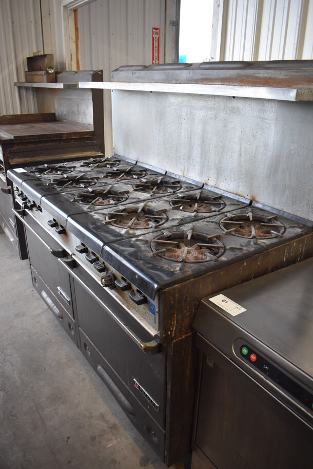 Garland Metal Commercial Natural Gas Powered 10 Burner Range w/ 2 Ovens, Over Shelf and Back Splash. 60x32x61 - Image 5 of 8
