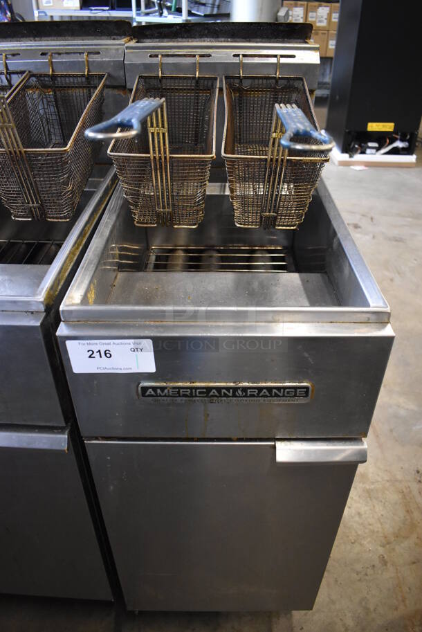 American Range AF-35/50 Stainless Steel Commercial Floor Style Propane Gas Powered Dep Fat Fryer w/ 2 Metal Fry Baskets on Commercial Casters. 40,000 BTU. 15.5x30.5x47 - Image 1 of 6