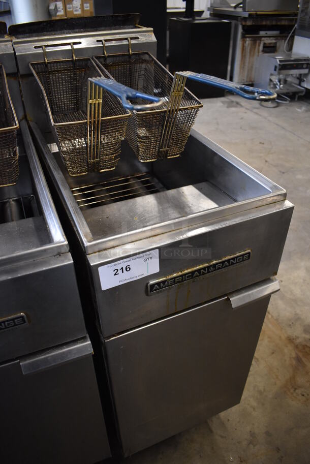 American Range AF-35/50 Stainless Steel Commercial Floor Style Propane Gas Powered Dep Fat Fryer w/ 2 Metal Fry Baskets on Commercial Casters. 40,000 BTU. 15.5x30.5x47 - Image 2 of 6