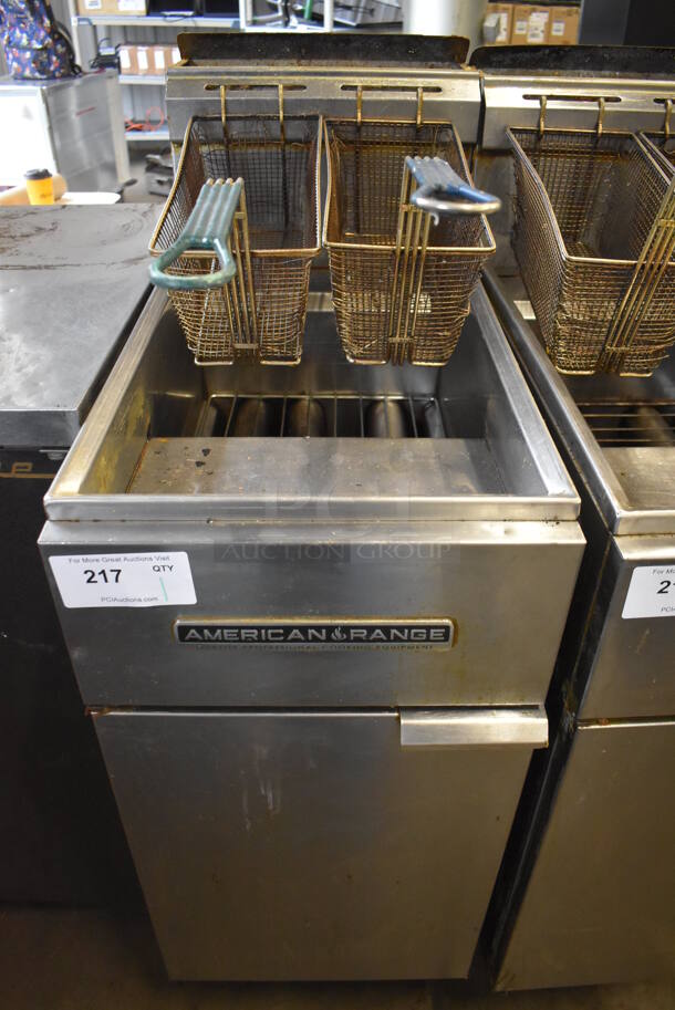 American Range AF-35/50 Stainless Steel Commercial Floor Style Propane Gas Powered Dep Fat Fryer w/ 2 Metal Fry Baskets on Commercial Casters. 40,000 BTU. 15.5x30.5x47 - Image 1 of 6