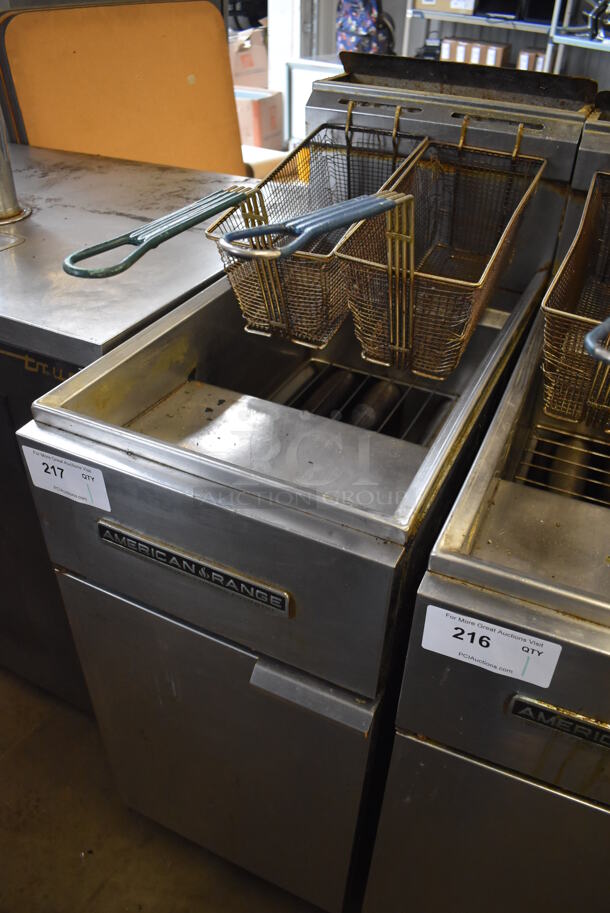 American Range AF-35/50 Stainless Steel Commercial Floor Style Propane Gas Powered Dep Fat Fryer w/ 2 Metal Fry Baskets on Commercial Casters. 40,000 BTU. 15.5x30.5x47 - Image 2 of 6