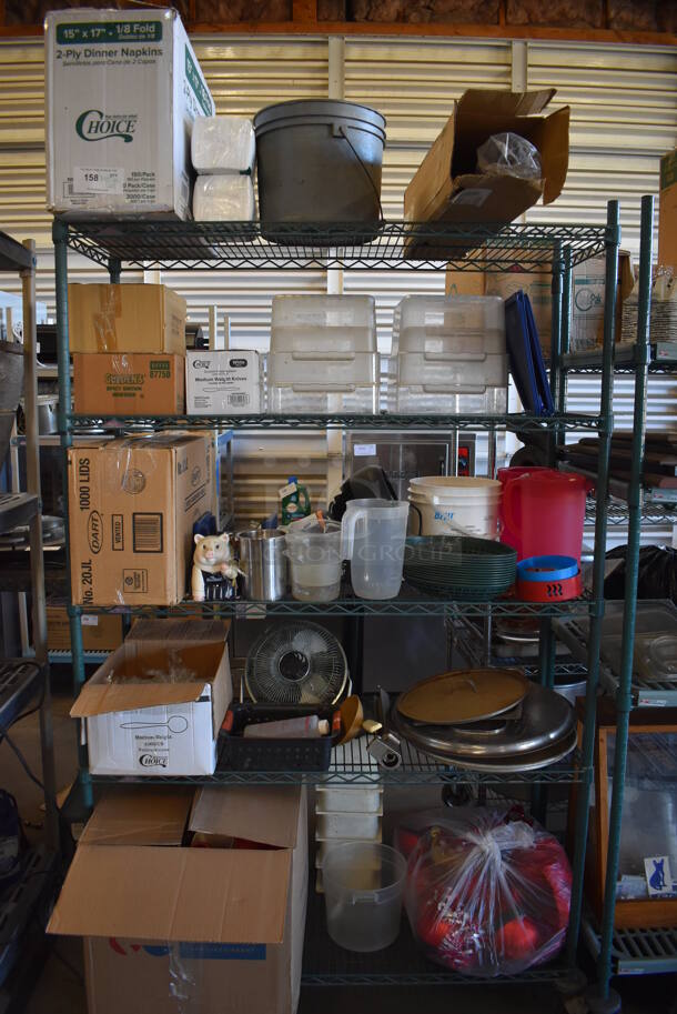 ALL ONE MONEY! Metro Lot of Various Items Including Poly Bins, Decorations, Poly Food Baskets, Choice Napkins, Poly Condiment Bottles. Does Not Include Shelving Unit