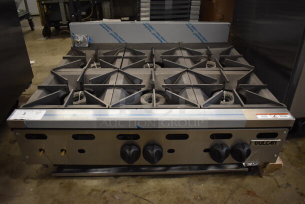 BRAND NEW SCRATCH AND DENT! 2016 Vulcan VHP636-1 Stainless Steel Commercial Countertop Natural Gas Powered 6 Burner Range. Missing 2 Legs and 2 Knobs. 180,000 BTU. 36x32x17. Tested and Working! - Image 1 of 7