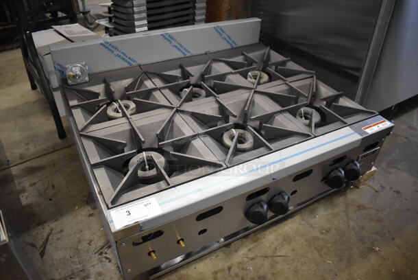 BRAND NEW SCRATCH AND DENT! 2016 Vulcan VHP636-1 Stainless Steel Commercial Countertop Natural Gas Powered 6 Burner Range. Missing 2 Legs and 2 Knobs. 180,000 BTU. 36x32x17. Tested and Working! - Image 6 of 7