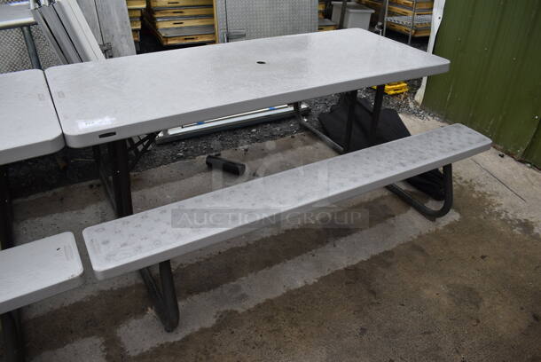 Lifetime Gray Poly Picnic Table w/ 2 Benches on Metal Frame. 72x57x29.5 - Image 1 of 4