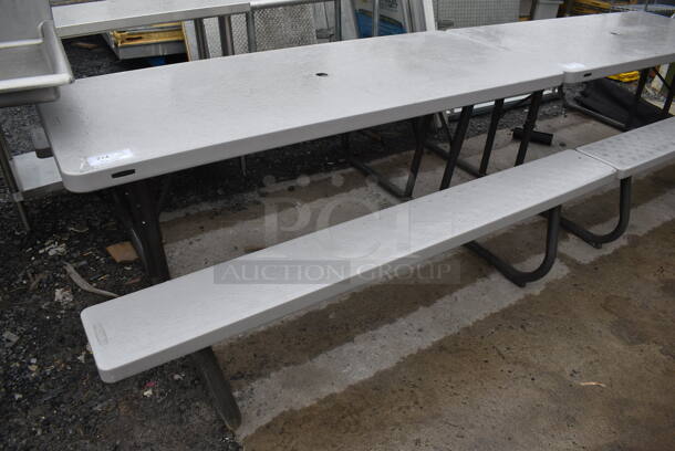 Lifetime Gray Poly Picnic Table w/ 2 Benches on Metal Frame. 72x57x29.5 - Image 1 of 3