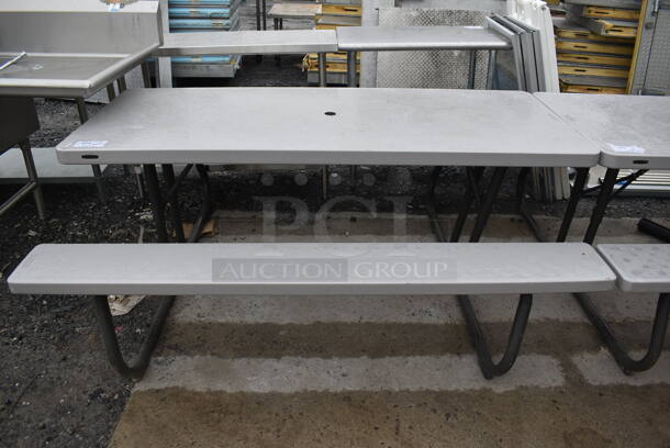 Lifetime Gray Poly Picnic Table w/ 2 Benches on Metal Frame. 72x57x29.5 - Image 2 of 3