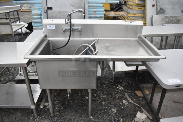 Stainless Steel Commercial Single Bay Sink w/ Right Side Drain Board, Faucet, Handles and Spray Nozzle Attachment. 52x30x45. Bay 24x24x13. Drain Board 24x26x1
