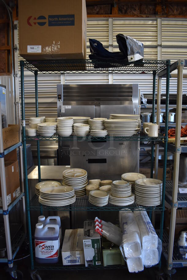 ALL ONE MONEY! Metro Lot of Various Items Including Various Ceramic Dishes, Poly Bottles, To Go Containers, Liquid Machine Detergent Jugs. Does Not Include Shelving Unit