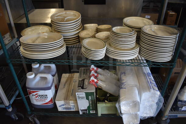 ALL ONE MONEY! Metro Lot of Various Items Including Various Ceramic Dishes, Poly Bottles, To Go Containers, Liquid Machine Detergent Jugs. Does Not Include Shelving Unit - Image 2 of 6