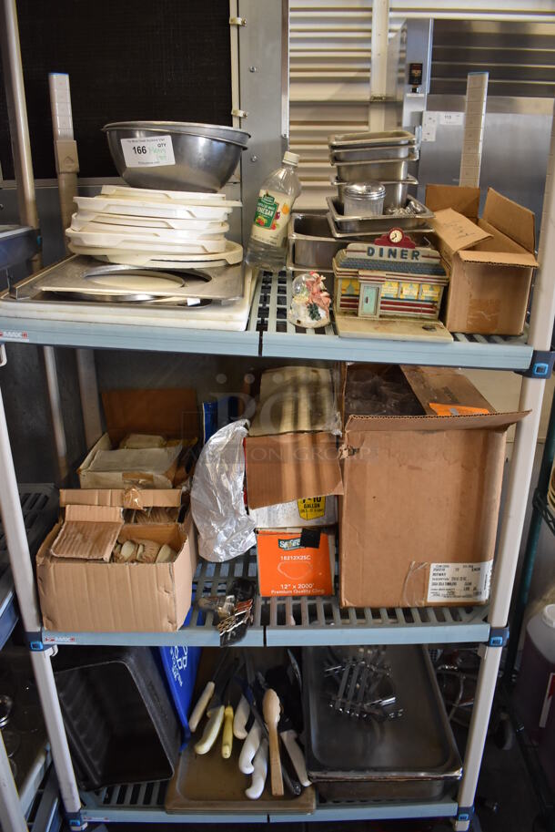 ALL ONE MONEY! Metro Lot of Various Items Including Metal Bowls, Stainless Steel Drop In Bins, Ceramic Bowls, Utensils and Cutting Boards. Does Not Include Shelving Unit
