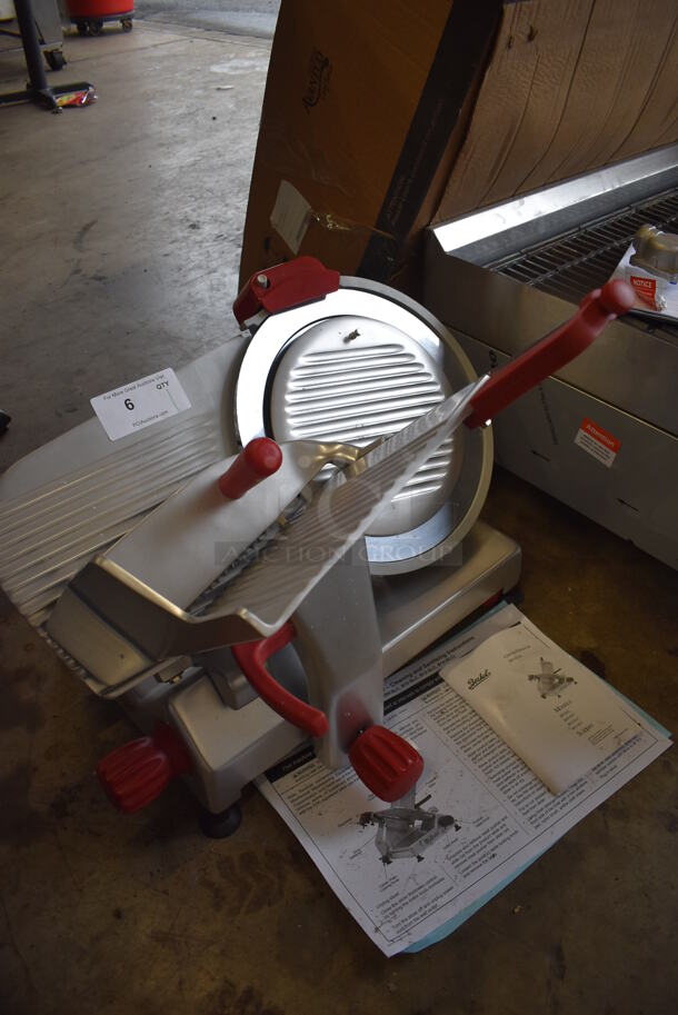 BRAND NEW SCRATCH AND DENT! 2022 Berkel B14-SLC Stainless Steel Commercial Countertop Meat Slicer w/ Blade Sharpener. Missing Center Plate Locking Knob. 115 Volts, 1 Phase. 27x26x26. Tested and Does Not Power On - Needs New Power Switch - Image 2 of 9