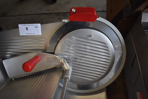 BRAND NEW SCRATCH AND DENT! 2022 Berkel B14-SLC Stainless Steel Commercial Countertop Meat Slicer w/ Blade Sharpener. Missing Center Plate Locking Knob. 115 Volts, 1 Phase. 27x26x26. Tested and Does Not Power On - Needs New Power Switch - Image 4 of 9