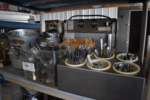 ALL ONE MONEY! Tier Lot of Various Items Including Silverware, Silverware Holder, Poly Bin and 12 Metal Sauce Pans