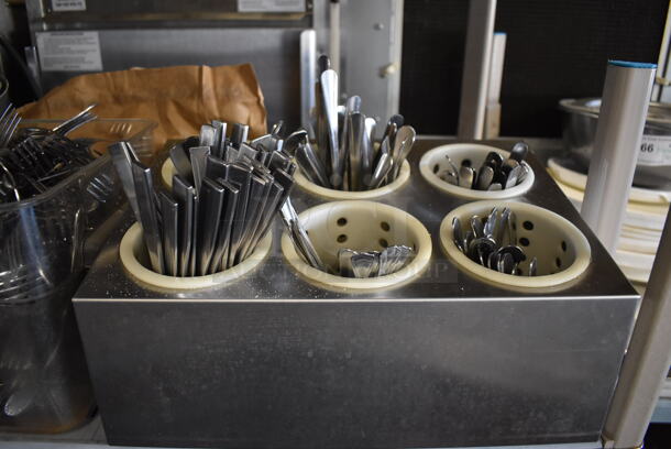 ALL ONE MONEY! Tier Lot of Various Items Including Silverware, Silverware Holder, Poly Bin and 12 Metal Sauce Pans - Image 2 of 6
