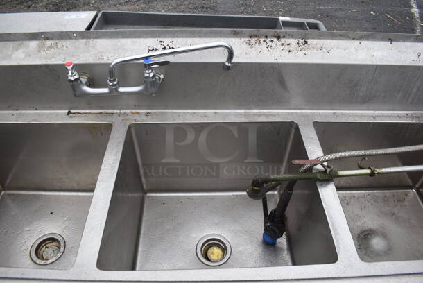 Stainless Steel Commercial 4 Bay Sink w/ Dual Drain Boards, Faucet, 2 Handle Sets and Spray Nozzle Attachment. 114x27x44. Bays 20x18x14, 10x18x14. Drain Boards 16x21x1 - Image 3 of 5