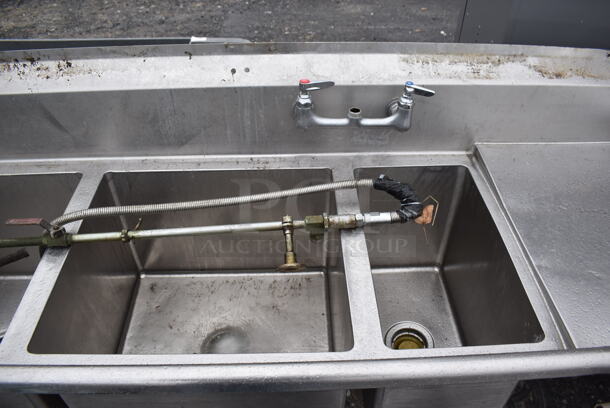 Stainless Steel Commercial 4 Bay Sink w/ Dual Drain Boards, Faucet, 2 Handle Sets and Spray Nozzle Attachment. 114x27x44. Bays 20x18x14, 10x18x14. Drain Boards 16x21x1 - Image 4 of 5