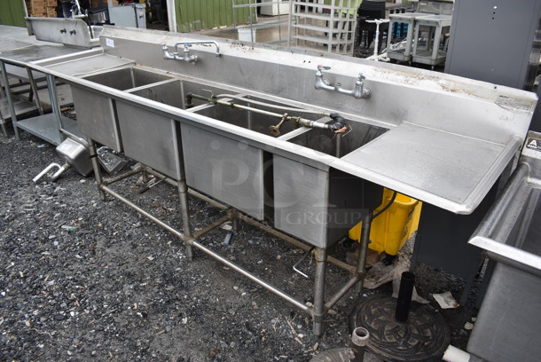 Stainless Steel Commercial 4 Bay Sink w/ Dual Drain Boards, Faucet, 2 Handle Sets and Spray Nozzle Attachment. 114x27x44. Bays 20x18x14, 10x18x14. Drain Boards 16x21x1 - Image 5 of 5