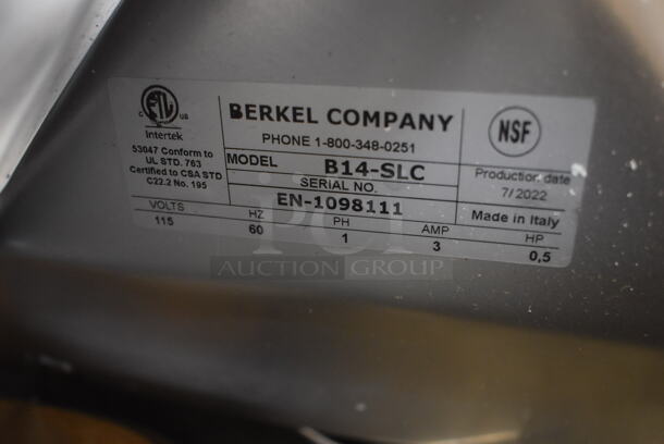 BRAND NEW SCRATCH AND DENT! 2022 Berkel B14-SLC Stainless Steel Commercial Countertop Meat Slicer w/ Blade Sharpener. Missing Center Plate Locking Knob. 115 Volts, 1 Phase. 27x26x26. Tested and Does Not Power On - Needs New Power Switch - Image 9 of 9