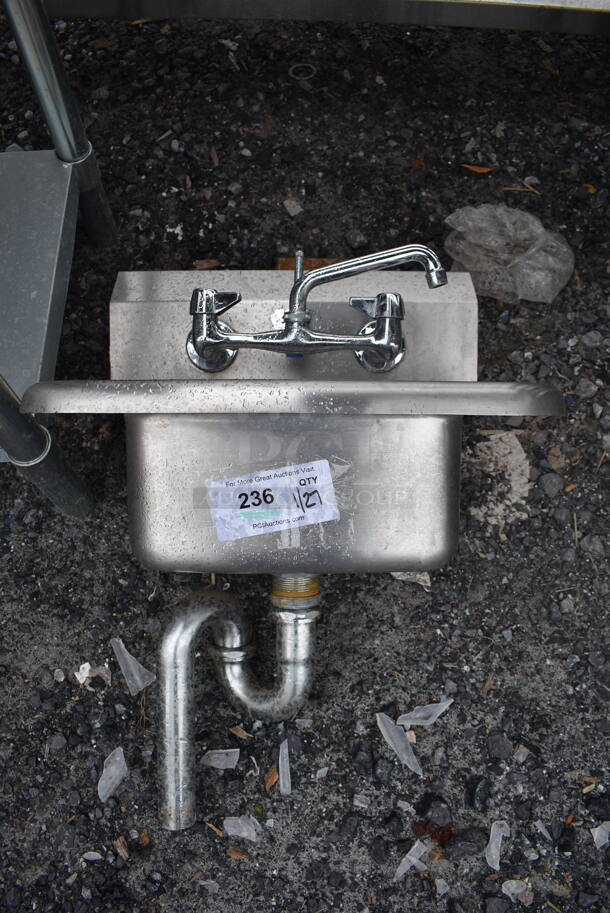 Stainless Steel Commercial Single Bay Wall Mount Sink w/ Faucet and Handles. 17x15x30