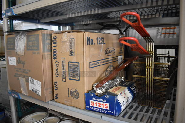 ALL ONE MONEY! Tier Lot of Various Items Including Food Containers, Plastic Lids, 2 Metal Fry Baskets - Image 1 of 4