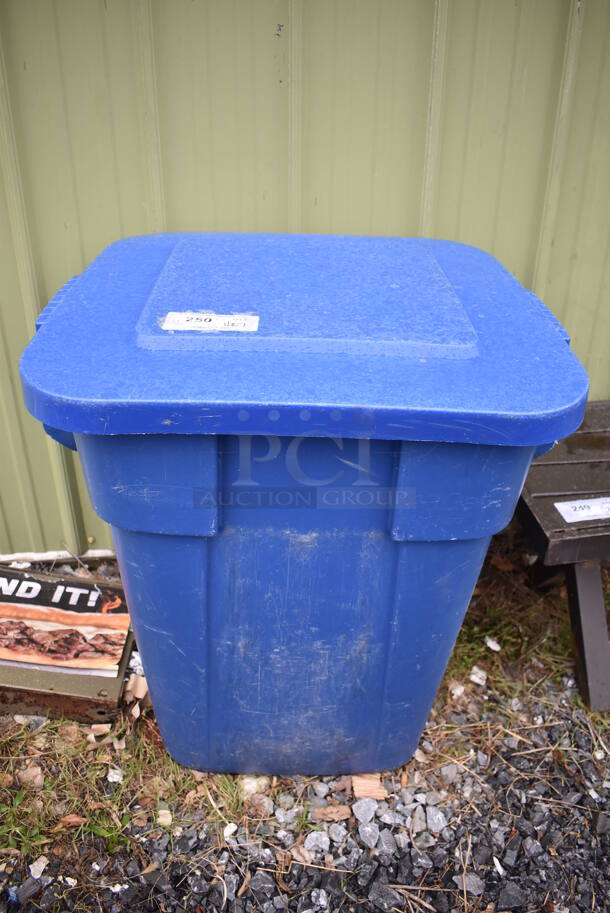 Blue Poly Trash Can w/ Lid. 26x24x31