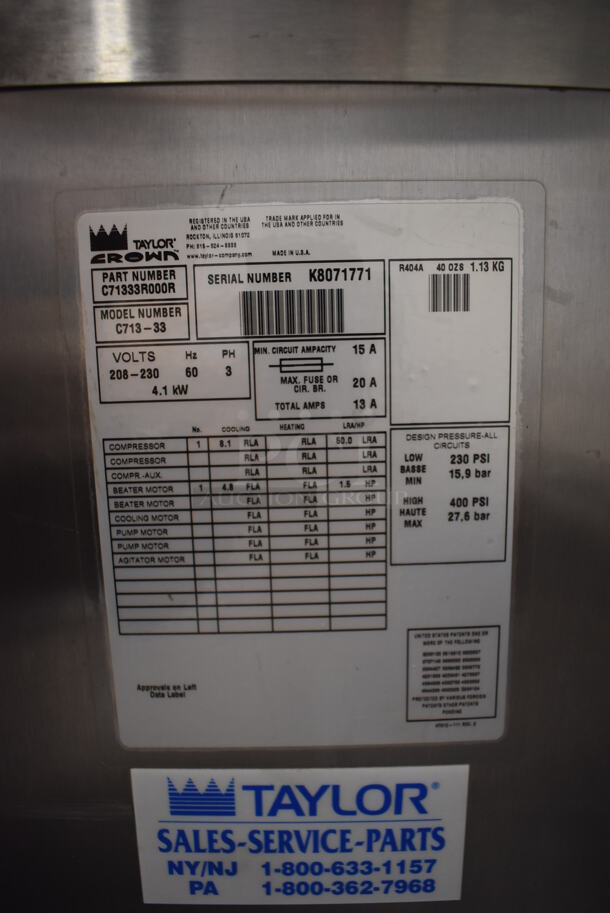 Taylor C713-33 Stainless Steel Commercial Water Cooled Floor Style 2 Flavor w/ Twist Soft Serve Ice Cream Machine on Commercial Casters. 208-230 Volts, 3 Phase. 26x37x60 - Image 6 of 11