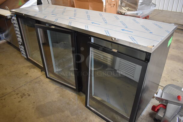 BRAND NEW SCRATCH AND DENT! Beverage Air BB94HC-1-G-B Stainless Steel Commercial 3 Door Back Bar Cooler Merchandiser. One Door Is Not Attached Due To Broken Hinges. 115 Volts, 1 Phase. 95.5x28.5x37.5. Tested and Working! - Image 1 of 12