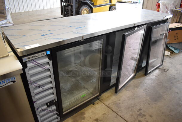 BRAND NEW SCRATCH AND DENT! Beverage Air BB94HC-1-G-B Stainless Steel Commercial 3 Door Back Bar Cooler Merchandiser. One Door Is Not Attached Due To Broken Hinges. 115 Volts, 1 Phase. 95.5x28.5x37.5. Tested and Working! - Image 2 of 12