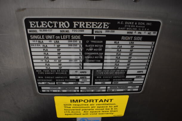 2011 Electro Freeze SL500-137 Stainless Steel Commercial Water Cooled Floor Style 2 Flavor w/ Twist Soft Serve Ice Cream Machine on Commercial Casters. 208-230 Volts, 1 Phase. 22x31x60 - Image 7 of 11