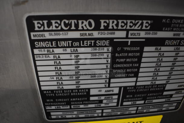 2011 Electro Freeze SL500-137 Stainless Steel Commercial Water Cooled Floor Style 2 Flavor w/ Twist Soft Serve Ice Cream Machine on Commercial Casters. 208-230 Volts, 1 Phase. 22x31x60 - Image 8 of 11