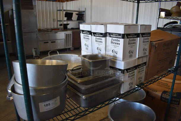 ALL ONE MONEY! Tier Lot of Various Items Including 12 Boxes of Straws, To Go Containers, Stainless Steel Drop In Bins and Colander - Image 1 of 7