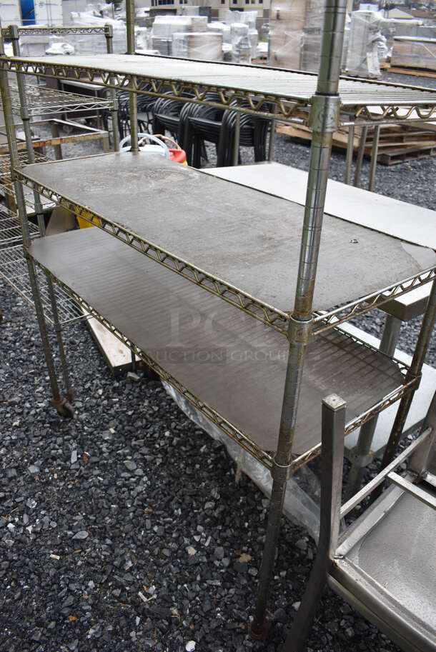Chrome Finish 5 Tier Wire Shelving Unit on Commercial Casters. BUYER MUST DISMANTLE. PCI CANNOT DISMANTLE FOR SHIPPING. PLEASE CONSIDER FREIGHT CHARGES.
 48x18x75 - Image 3 of 4