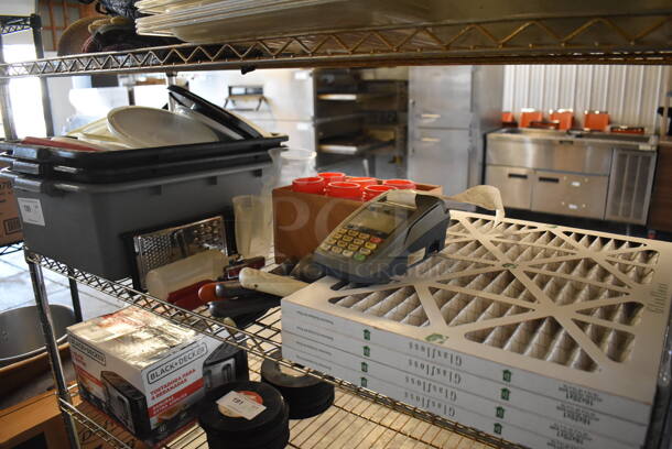 ALL ONE MONEY! Tier Lot of Various Items Including Poly Bus Bins, Filters, Utensils and Credit Card Reader - Image 1 of 5