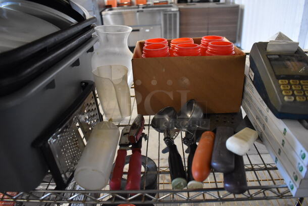 ALL ONE MONEY! Tier Lot of Various Items Including Poly Bus Bins, Filters, Utensils and Credit Card Reader - Image 4 of 5