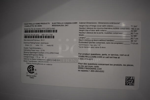 2021 Frigidaire FFFU20F2VW0 Metal Single Door Reach In Freezer. 115 Volts, 1 Phase. 33.5x29x72. Tested and Working! - Image 7 of 8