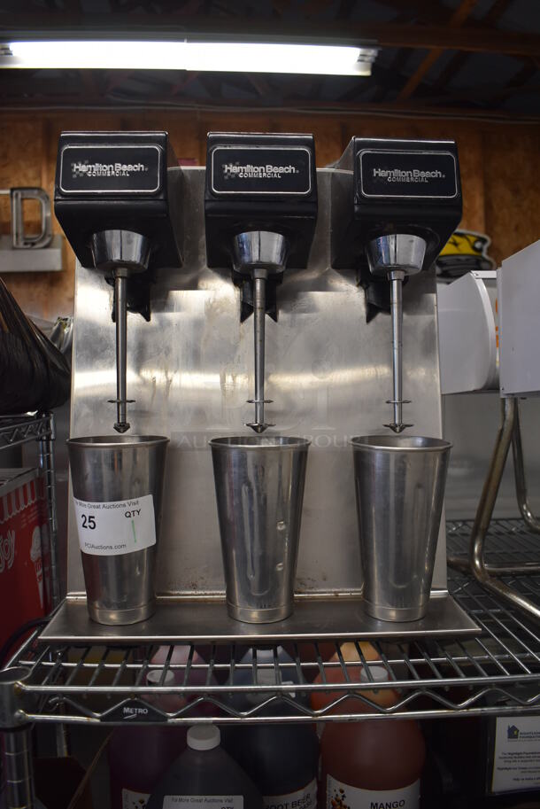 Hamilton Beach Stainless Steel Commercial Countertop 3 Head Milkshake Mixer w/ 3 Metal Cups. 16x10x20. Tested and Working!