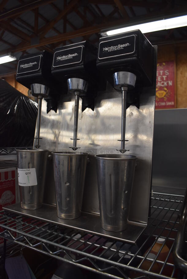 Hamilton Beach Stainless Steel Commercial Countertop 3 Head Milkshake Mixer w/ 3 Metal Cups. 16x10x20. Tested and Working! - Image 2 of 5