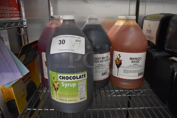 ALL ONE MONEY! Lot of 7 Jugs of Base; 2 Mango, 2 Root Beer, 2 Strawberry Lemonade and 1 Chocolate Syrup. 6x6x12 - Image 1 of 5
