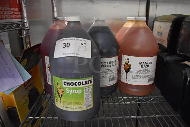 ALL ONE MONEY! Lot of 7 Jugs of Base; 2 Mango, 2 Root Beer, 2 Strawberry Lemonade and 1 Chocolate Syrup. 6x6x12