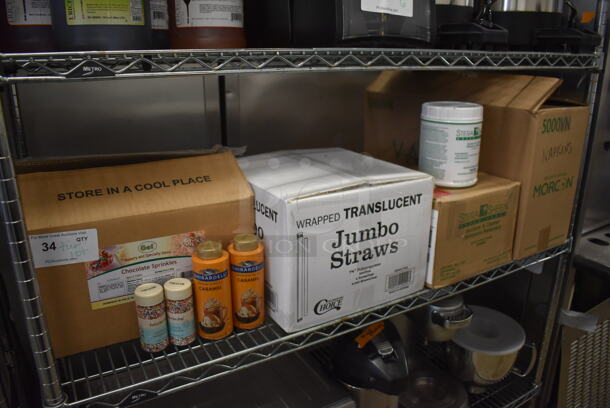 ALL ONE MONEY! Tier Lot of Various Items Including Sprinkles, Caramel Sauce, Jumbo Straws, Stera Sheen Cleaner and Napkins - Image 1 of 6