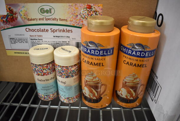ALL ONE MONEY! Tier Lot of Various Items Including Sprinkles, Caramel Sauce, Jumbo Straws, Stera Sheen Cleaner and Napkins - Image 2 of 6