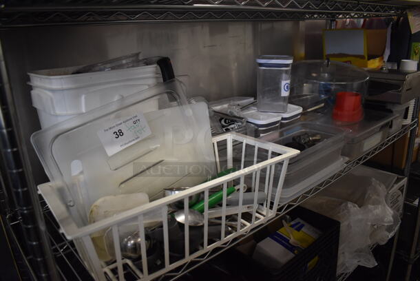 ALL ONE MONEY! Tier Lot of Various Items Including Poly Containers, Metal Dispenser and Utensils - Image 1 of 6
