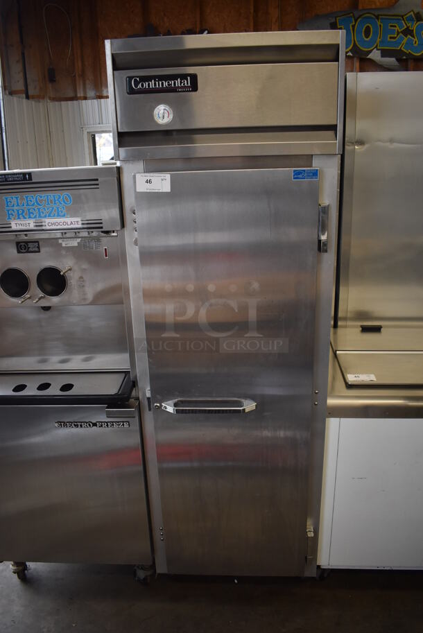 Continental 1F Stainless Steel Commercial Single Door Reach In Freezer w/ Poly Coated Racks on Commercial Casters. 115 Volts, 1 Phase. 26x34x82. Tested and Working! - Image 1 of 7