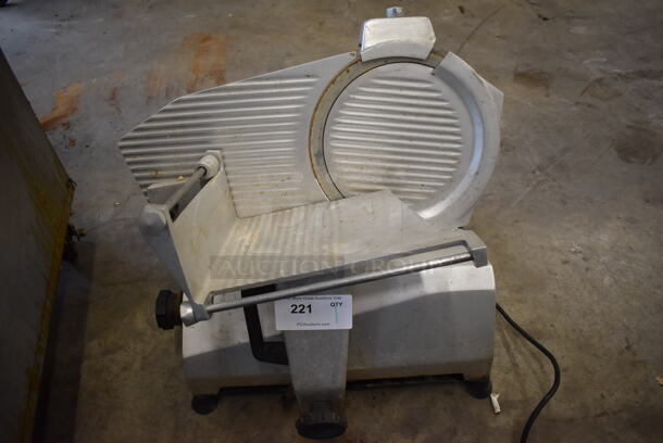 Globe Metal Commercial Countertop Meat Slicer w/ Blade Sharpener. 25x22x20. Tested and Powers On; Blade Spins But Carriage Will Not Move